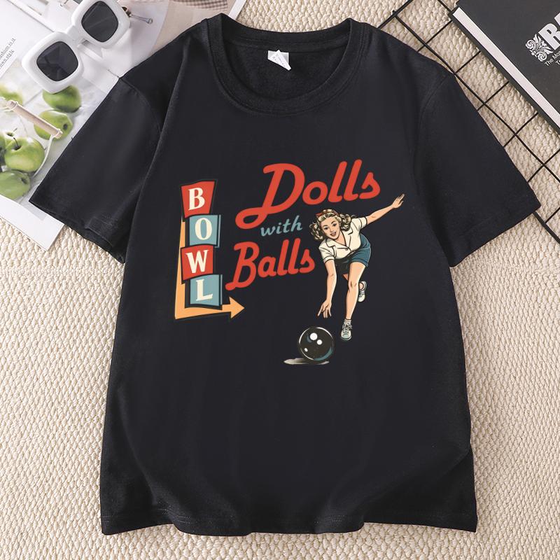 Bowling T Shirt Dolls With Balls TShirt Causal Vintage Graphic Tshirts Funny Cotton Short Sleeve Round Neck T Shrirts Unisex