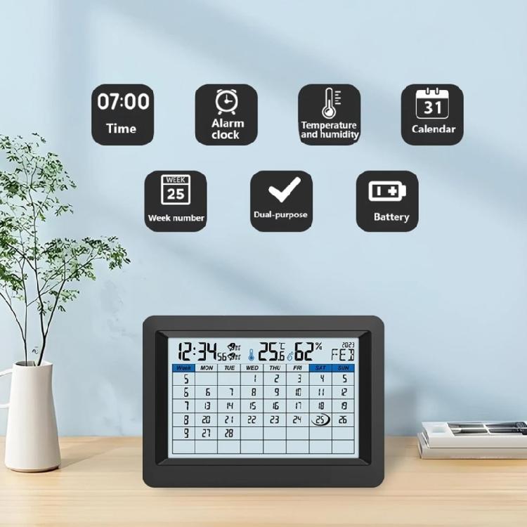 Indoor Climate Calendar Clock with Alarm Reminder, Large Digital Month Week Date Display, Wall Mount Format for Office Schedule Viewing