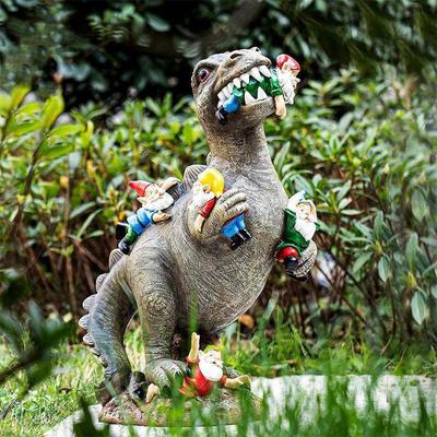 Dinosaurier fressende Zwerge, Garten-Dinosaurier-Statue, Ornament, Outdoor-Dekoration