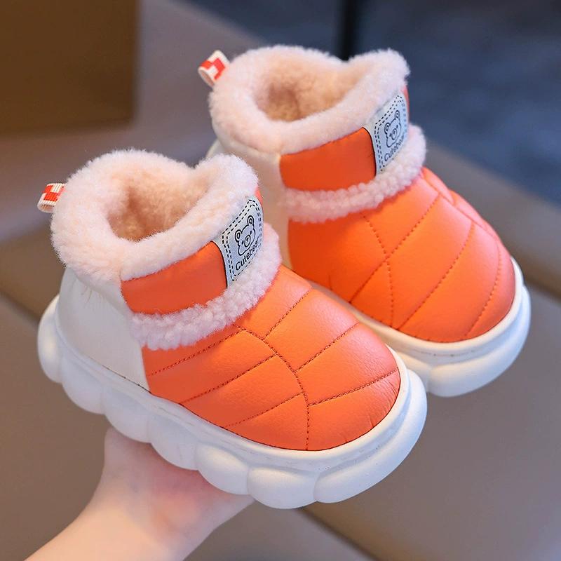 Winter Children's Bag Heel Shoes for Boys and Girls Warm and Plush PU Waterproof Baby Shoes for Small and Medium-sized Children