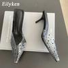 Fashion Eilyken Summer Gold Silver Women Slipper Fashion CRYSTAL Pointed Toe  Slip On Mules Thin High Heel Ladies Pumps Sandals