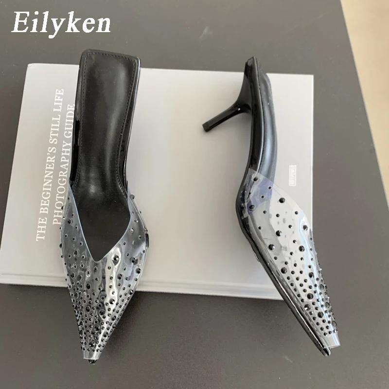 Fashion Eilyken Summer Gold Silver Women Slipper Fashion CRYSTAL Pointed Toe  Slip On Mules Thin High Heel Ladies Pumps Sandals
