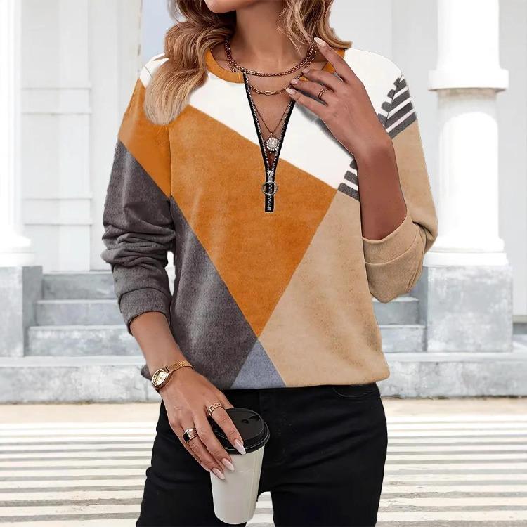 Women Long Sleeve Blouses Casual Geometric Print Shirts O Neck Fashion Tops Autumn Spring