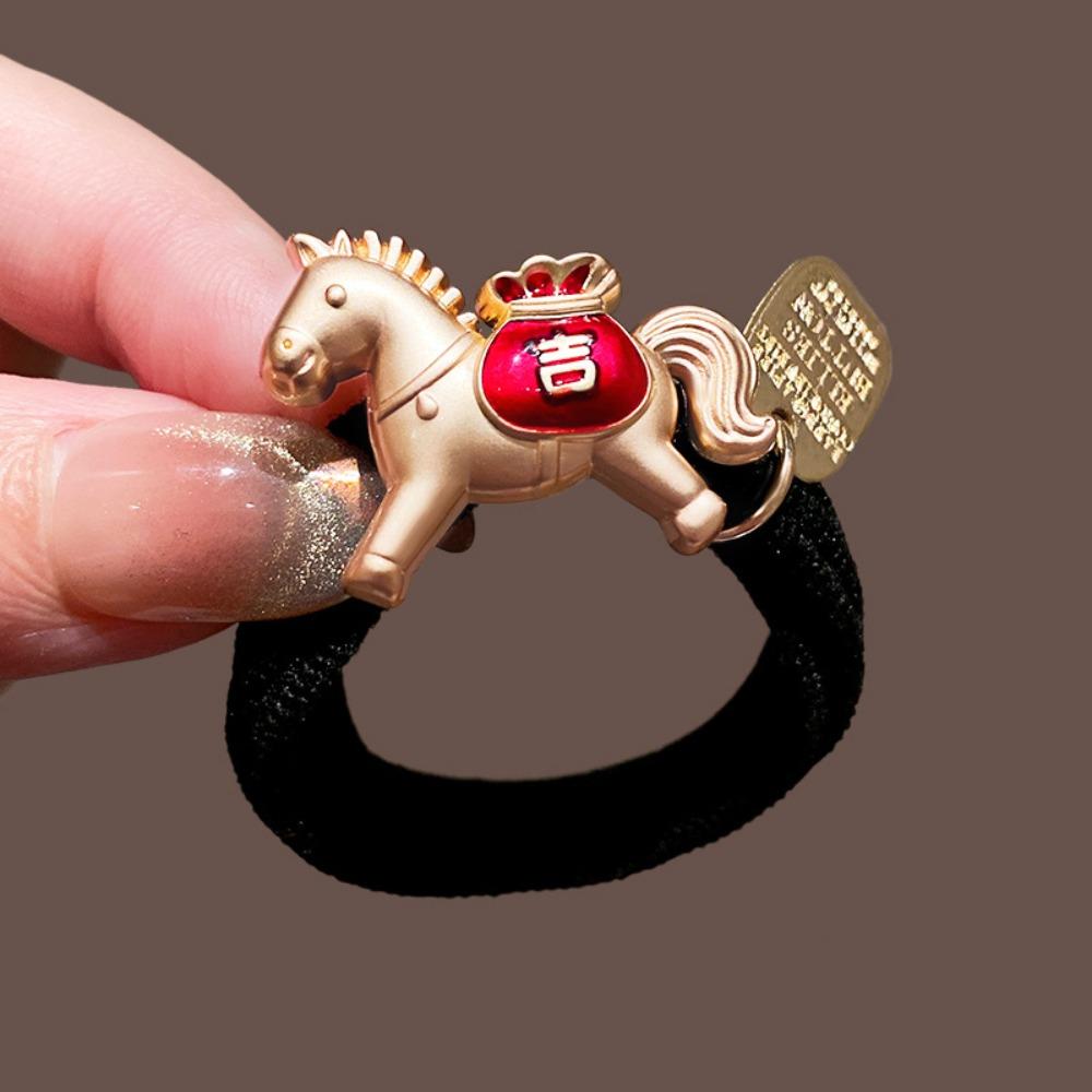 Cute Red Rope New Year Red Hair Rope 2026 Alloy Horse Year Hair Ring Bracelet Chinese Style Horse Year Rubber Band Girls