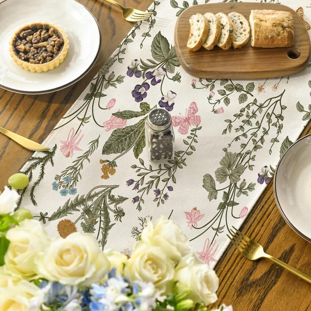 Daisy Eucalyptus Lavender Floral Leaves Summer Table Runner Spring Kitchen Dining Table Decoration for Home Party Decoration