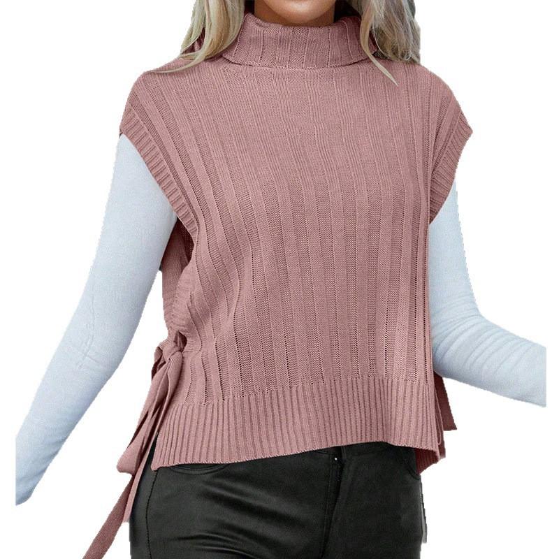Womens Solid High-Neck Sleeveless Knit Vest With Side Tie Detail Fall Winter Office Chic Layering Top