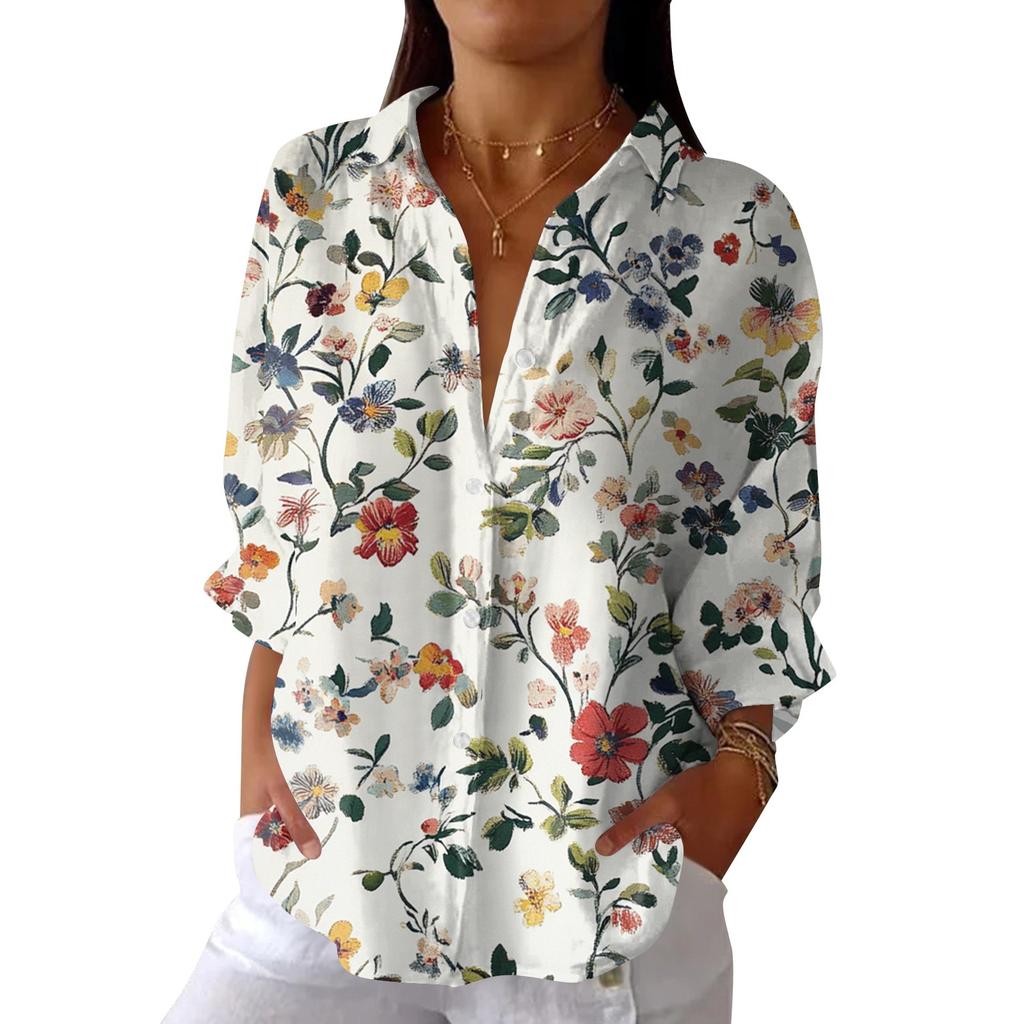 Women's Fashion Seven Sleeve Casual Lapel Back Tie Shirt Printed T-Shirt Top