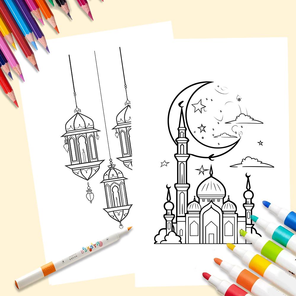 32 Stück, Eid Doodle Malvorlagen, DIY Malvorlagen, Eid Malkarten, Mond, Sterne, Laternen Familien- und Partyaktivitäten