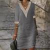 Solid Color V-neck Mid Sleeve Cotton Linen Casual Dress