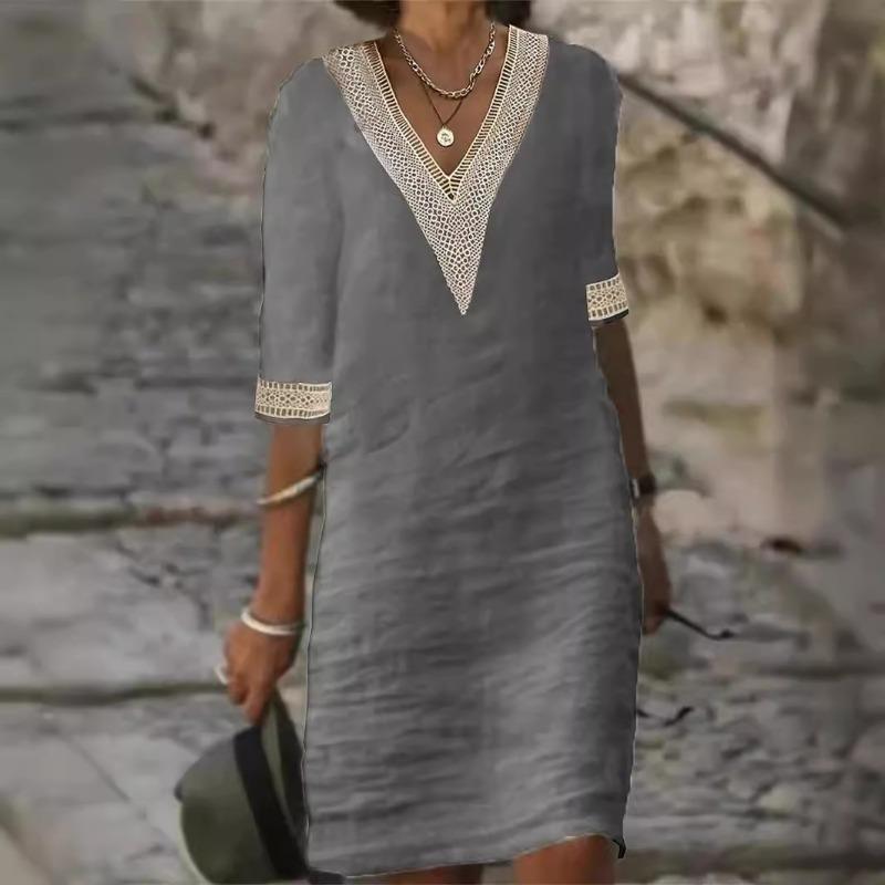 Solid Color V-neck Mid Sleeve Cotton Linen Casual Dress