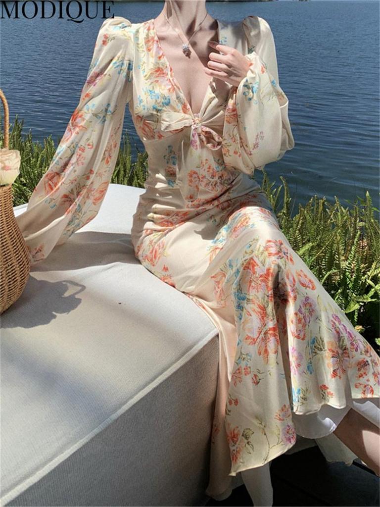 MODIQUE Spring Summer Women Elegant Floral Print Beach Backless Hip Wrap Fishtail Long Dresses Holiday Lady Fairycore Sexy V-Neck Puff Sleeve Dresses