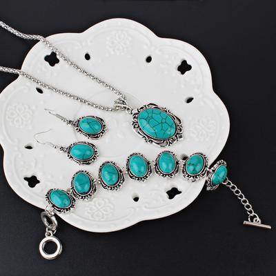 Fashion Ladies Accessories Set Turquoise Alloy Bracelet Holiday Bonus Boho Retro Vintage Suitable for Necklace Earrings Set Holiday Wear 4pcs/set