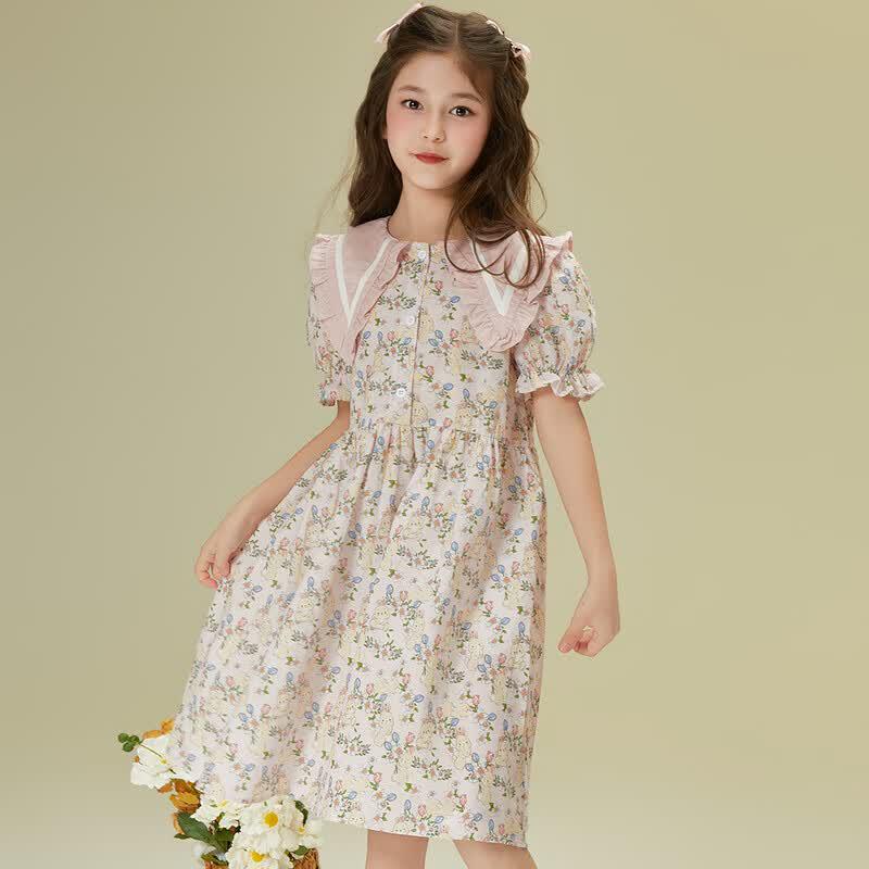 Little Tiger·Patty Girls' Sweet Rabbit Floral Puff Sleeve Summer Dress