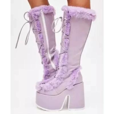 Nowe zimowe damskie buty śnieżne na platformie, klinowe, na wysokim obcasie, sztuczne futro, damskie buty, pluszowe, ciepłe, antypoślizgowe, do połowy łydki, buty gotyckie