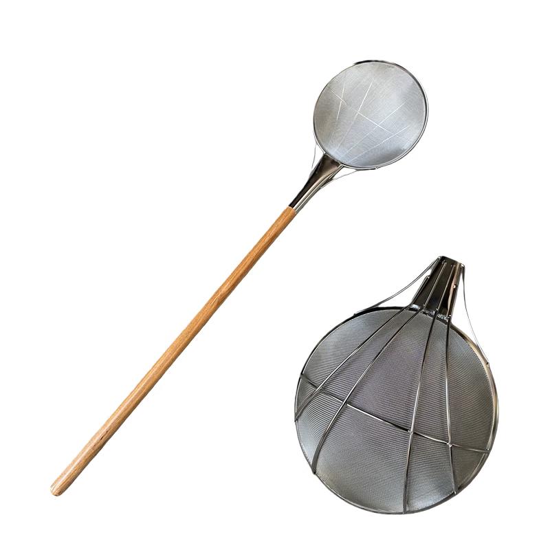 Stainless Steel Fine Mesh Colander Skimmer with Long Wooden Handle