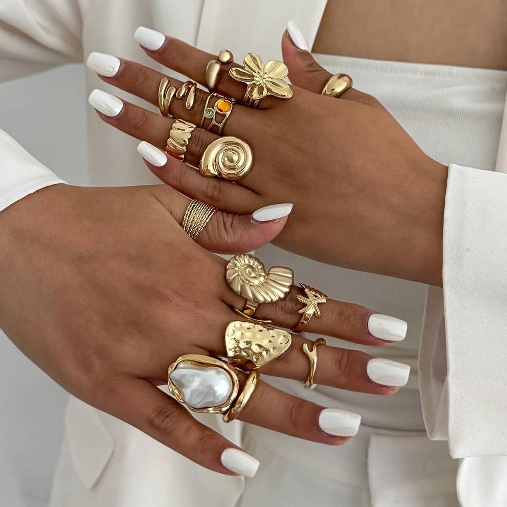 SHIXIN 14pcs/set Bohemian Conch Flower Open Ring for Women Fashion Imitation Pearl Rhinestone Knuckle Ring Set Vacation Jewelry