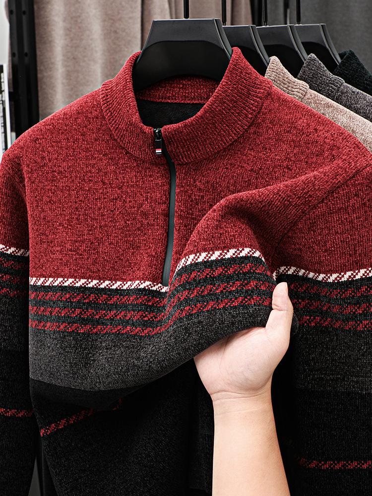 Men's Plush Thick Chenille Knit Sweater with Half-High Collar and Zipper