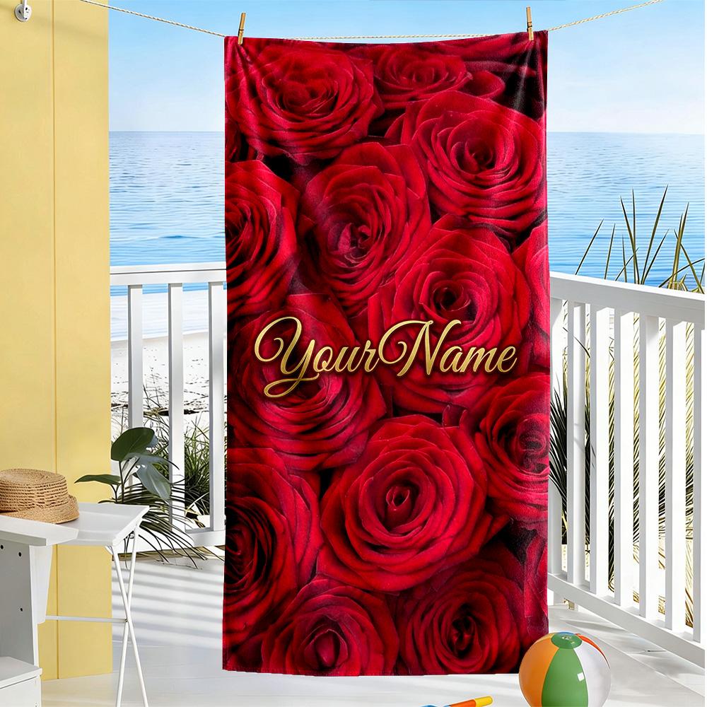 Rose Customized Name Beach Towel Super Soft & Absorbent Ideal for Travel Outdoor Swim Pool Yoga Surf Camping Hiking Gym Gift Holiday