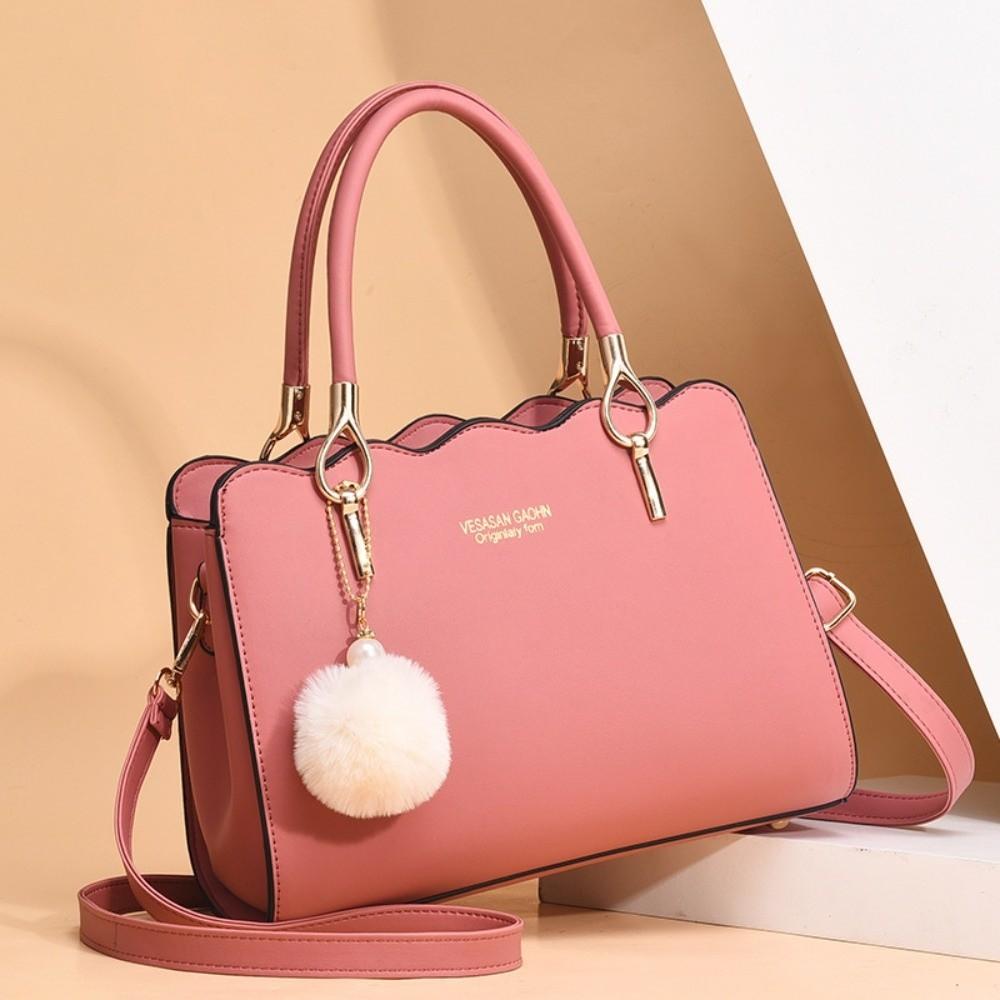 

Compatible PU Leather Handbag Multi-Pocket Pom-pom Charm Shoulder Bag Gold Foil Stamping Large Capacity Satchel Women Girl розовый