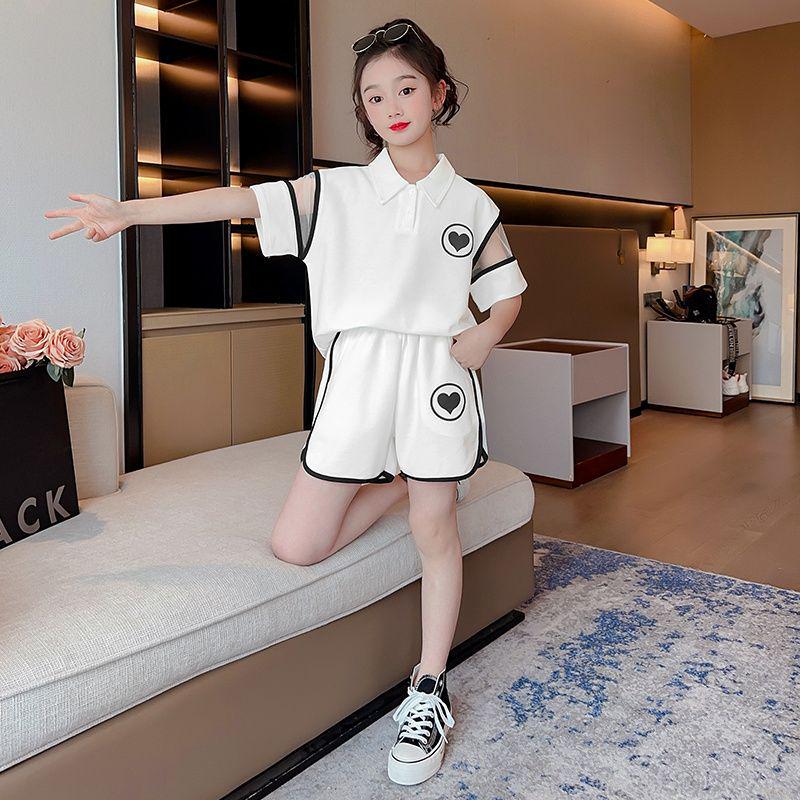 

Летний спортивный костюм для девочек: Комплект поло с коротким рукавом и шорты для детей 140 cm чёрный