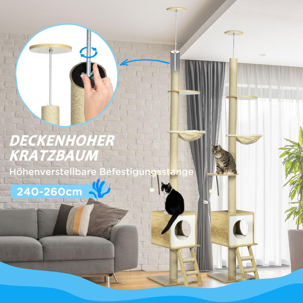 Ceiling High Cat Tree Cat House With Two Platforms Hammock Anti Tip Protection Light Brown And Beige 40 X 40 X 260 Cm
