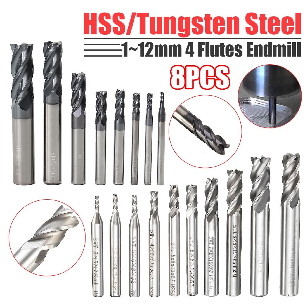 8pcs 4 Flutes Straight Shank Tungsten Steel Milling Cutter Tool CNC 2-12mm Carbide End Mill Set