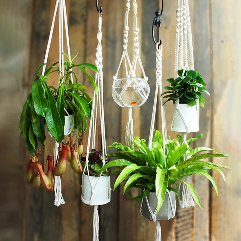 Vintage Macrame Hanging Baskets Cotton Handmade Flowerpot Net Plant Hanger Holder Basket Garden Home Planter Wall Decor