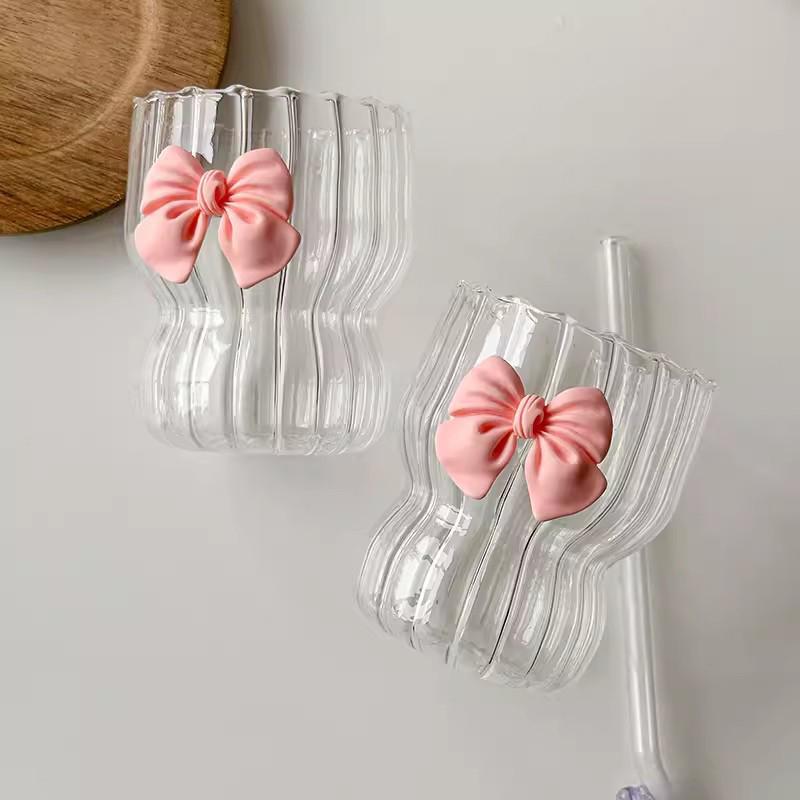 300ML Bow Decor Glass Cups  Transparent  Coffee Milk Mug Cartoon Striped  Water Cup  Drinkware Kitchen Desk  Decor  Girls Gift