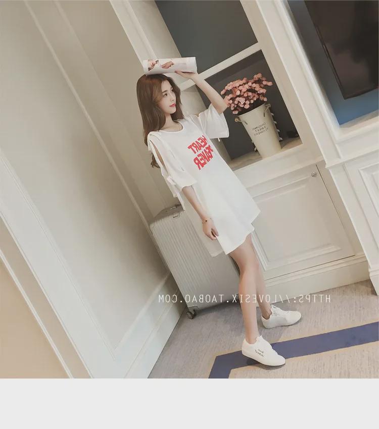 2024 Korean Style Off-Shoulder Bowknot Print Mid-Length T-shirt Dress with Five-Point Sleeves.