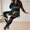 Women Plus Size Multicolor Printed Half Zip Long Sleeve Longline Top Fitted Pants Two Piece Set