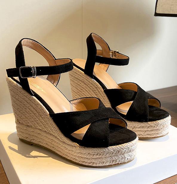 

Туфли-эспадрильи на танкетке с открытым носком и каблуком 11 см, повседневные туфли-лодочки, женские туфли на танкетке, с ремешком на щиколотке, на платформе 39 чёрный