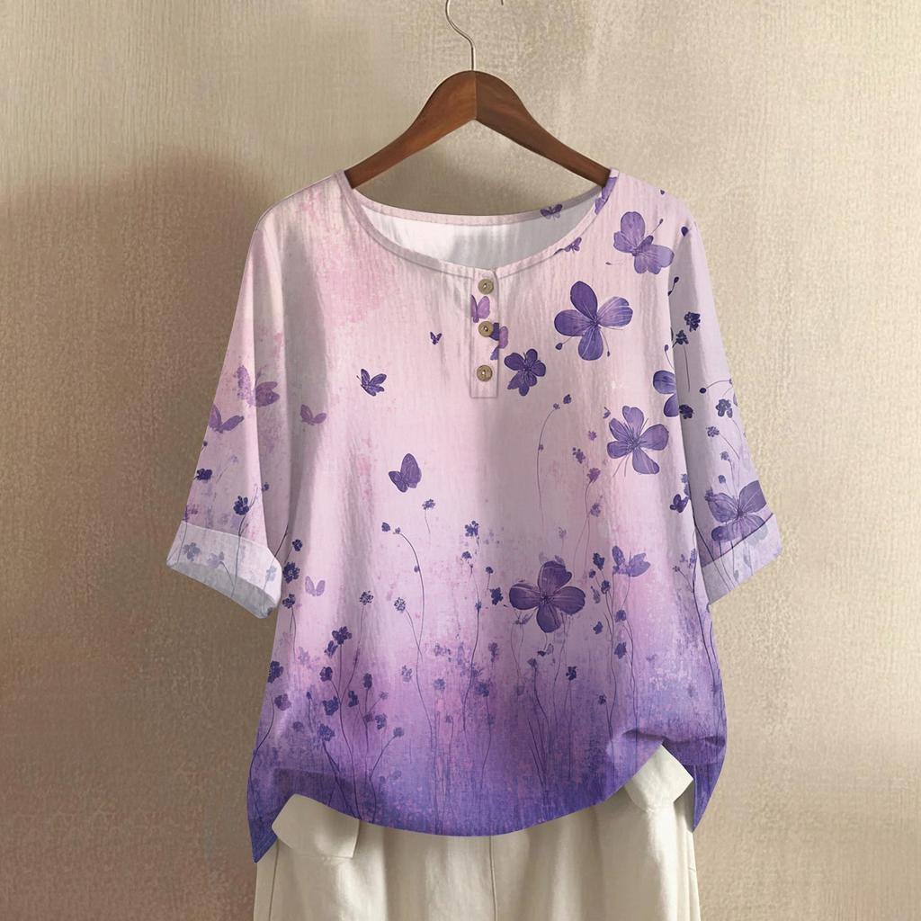 Women's Fashionable And Casual Shirt Half-sleeve Round Neck Print Cotton And Linen Blouse Top