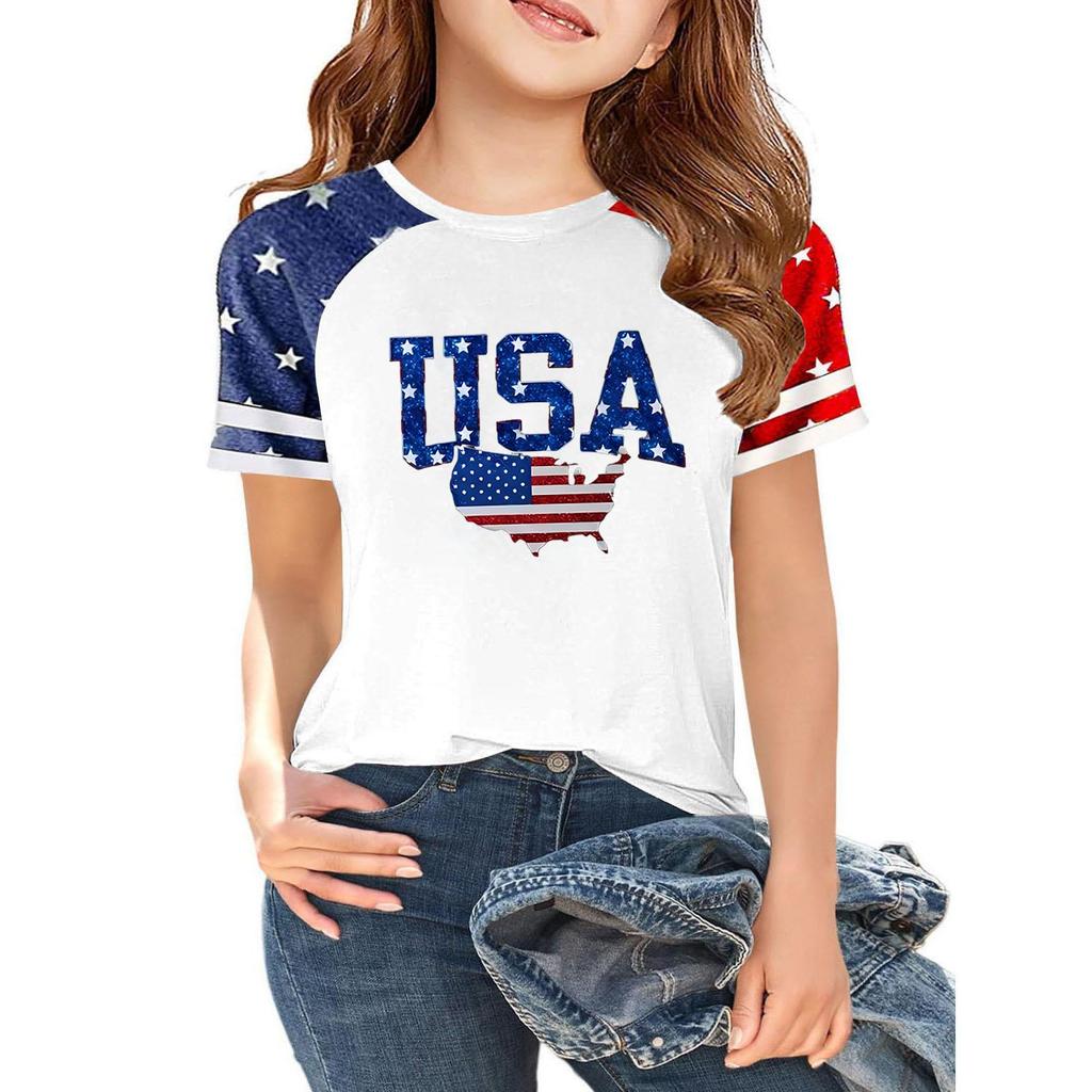 Kids Independence Day Printed Crew Neck Short Sleeve Casual T Shirt USA Map Graphic Raglan Sleeves Tee for Boys Girls Summer Wear