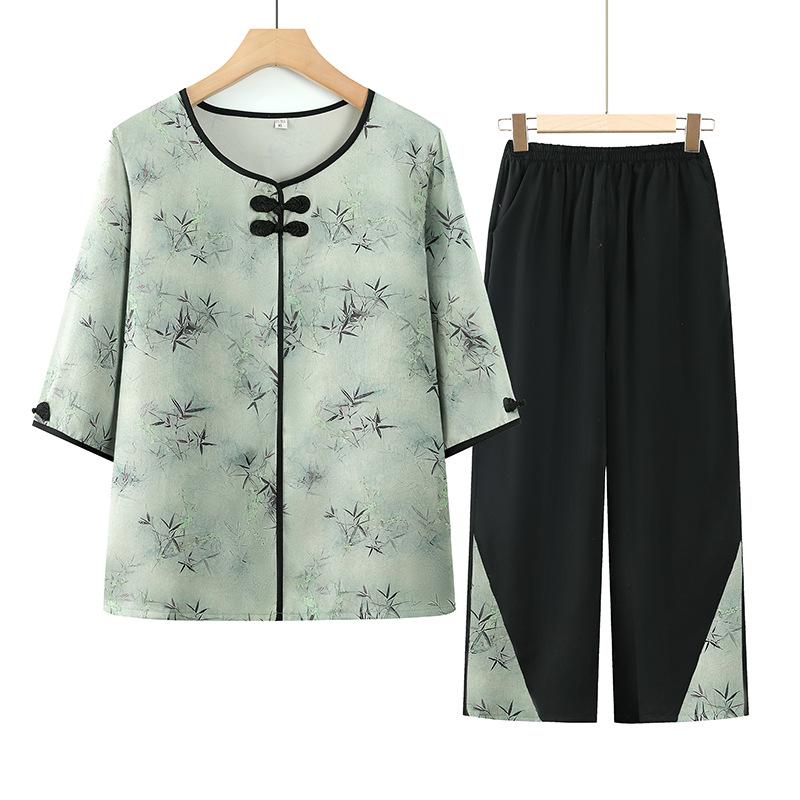 

Mom s Summer Chinese-Style Top & Wide-Leg Pants Set for Elderly Women 5XL (150-165 Jin) зелений