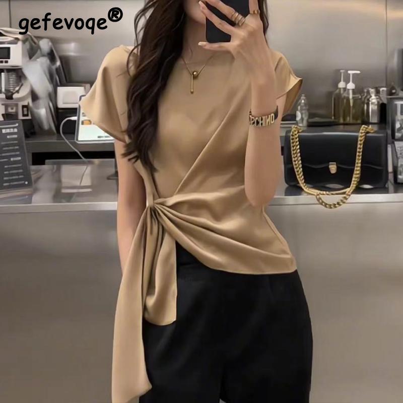 Women's Korean Fashion Lace Up Asymmetrical Designer Blouse Office Lady Luxury Elegant Shirt Short Sleeve Solid Slim Tops Blusas