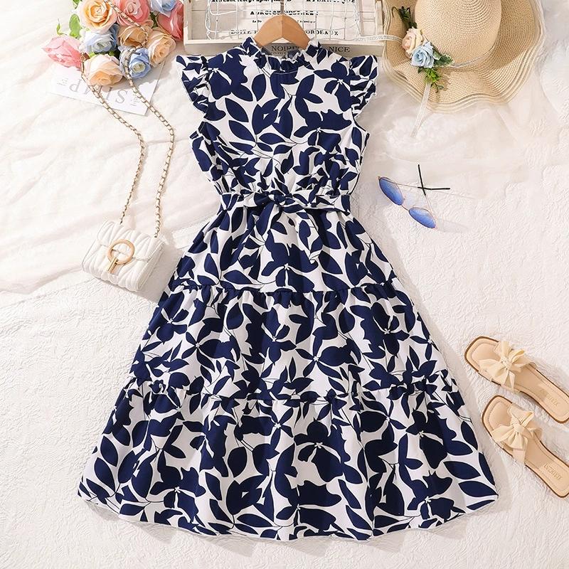 

Girl Sleeveless Floral Print Dress Children Kid Casual Summer Beach Sundress Princess Dresses Clothes 9Y синий