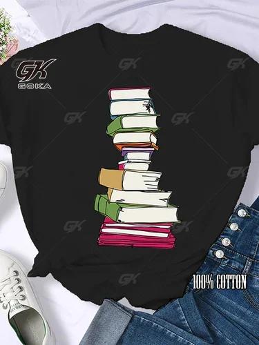 Coffee Books Brown Books American Retro Cotton T Shirt Woman Round Neck Half Sleeve T-shirts Printed Tops Woman Oversized Tees