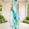 Women Plus Size Round Neck Short Sleeve Green Yellow Printed Loose Maxi Dress With Pockets