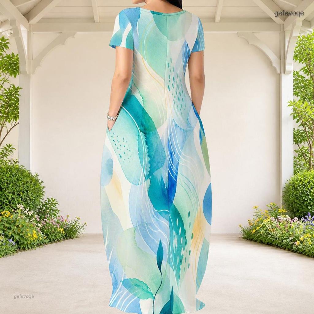Women Plus Size Round Neck Short Sleeve Green Yellow Printed Loose Maxi Dress With Pockets