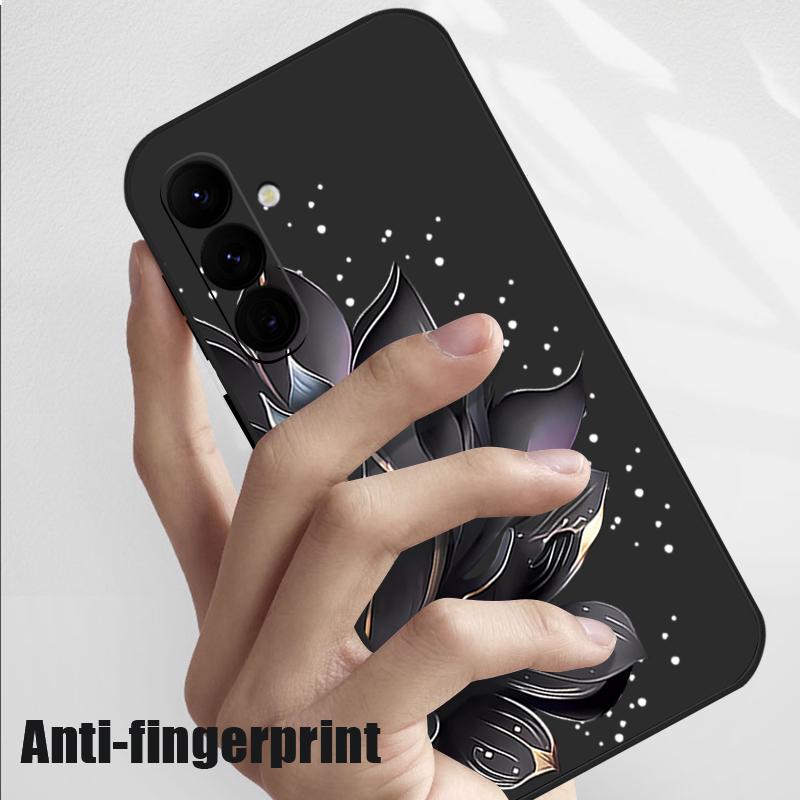 Black Flowers Printing Lanyard Case For Samsung Galaxy S25 Ultra S24 S23 S22 Plus S21 FE A15 A16 A35 A36 A54 A55 A56 5G Capa Coque