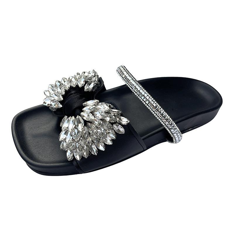 New flat-bottomed bow-tied rhinestone slippers women's cross-strapped satin open-toed fashion outer slippers