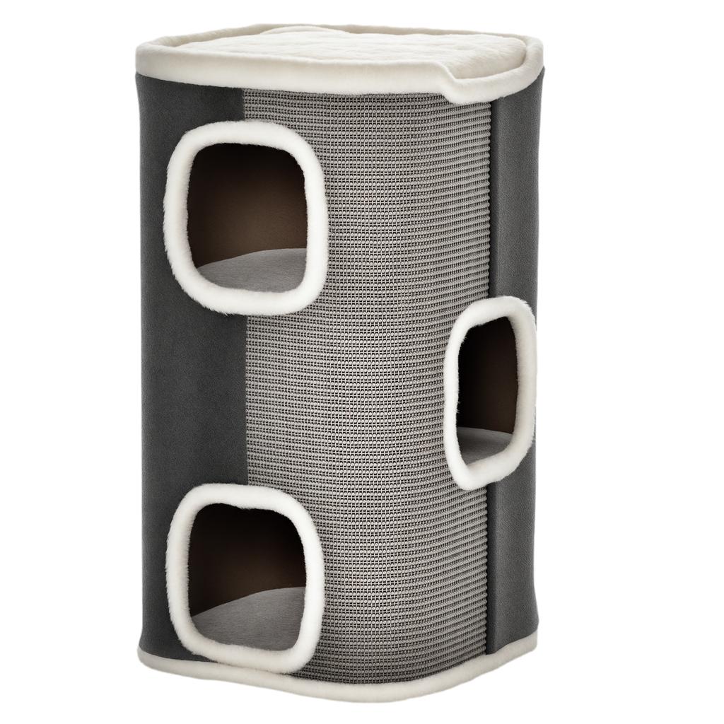 Cat Scratching Barrel, 3-Level, Plush and Sisal, 2 Interconnected Holes, 40 x 40 x 74 cm, Grey