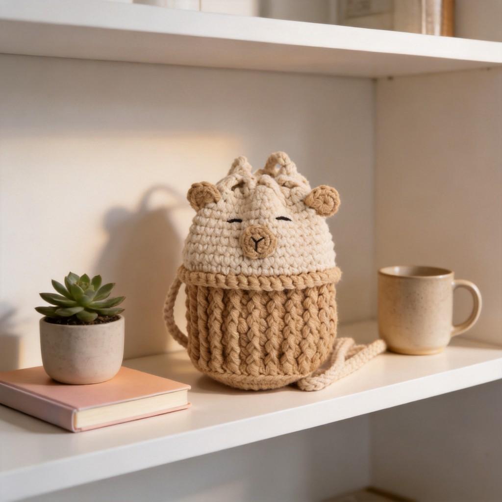 Knit Capybara Mini Handbag With Open Top And Card Pocket For Casual Daily Use