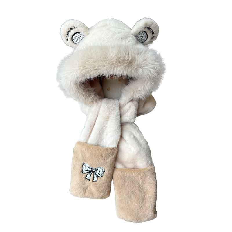 Cute Embroidered Bear Ears Hat Scarf Integrated Women's Winter Plush Thickened Cycling Warm Scarf Ear Protection Hat
