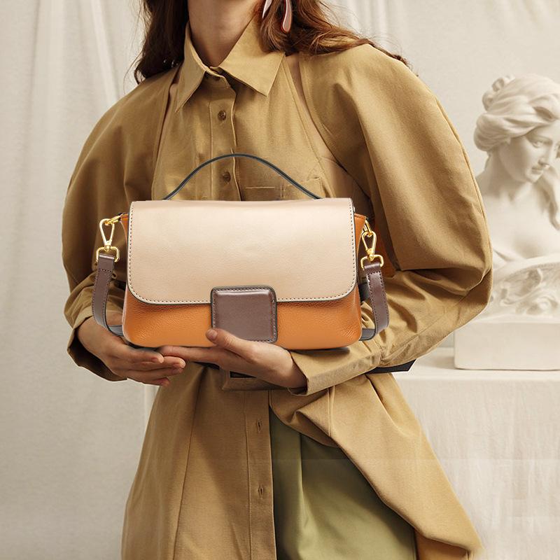 New Top Layer Cowhide Women's Bag, Fashionable and Versatile Handbag, Single Shoulder Crossbody, Contrasting Color Small Square Bag