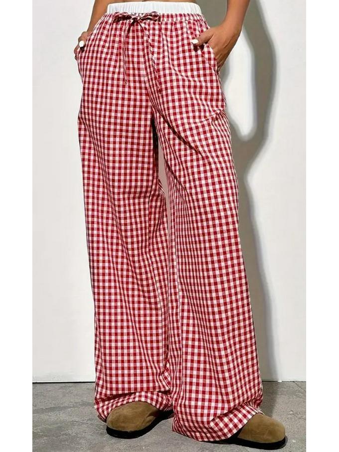 

Женские полосатые повседневные брюки в пол с широкими штанинами на осень 2024 Extra Large красный