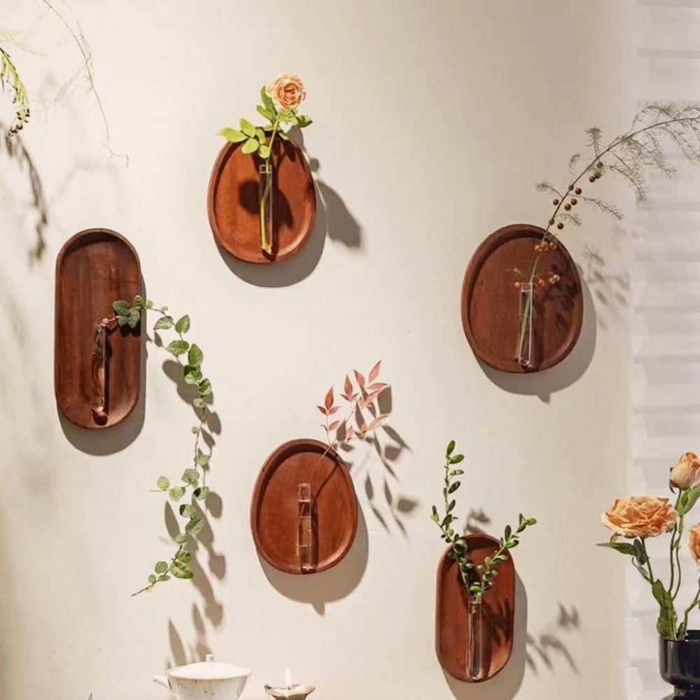 Space Saving Wall Hydroponic Vase Solid Wood Oval Tube Wall Vase Wall Mounted Vase  DIY Plant