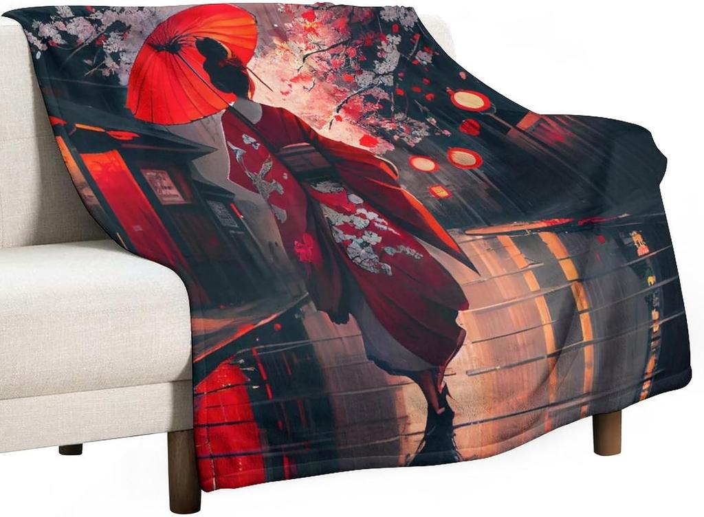 GUOYU Blanket Japanese Bedding Fleece BlanketRetro Beautiful Flower Japan Geisha Cherry Blossoms Flannel Soft Warm Microplush Lightweight