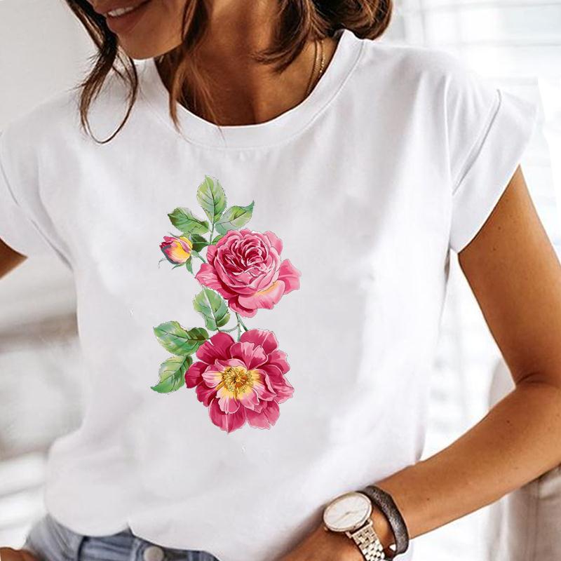 (European Size) Summer Fashion Women Plant Lovely Flower Trend Cute Short Sleeve Print Tee Top Tshirt  Lady Female Clothing  Casual Graphic T-shirt