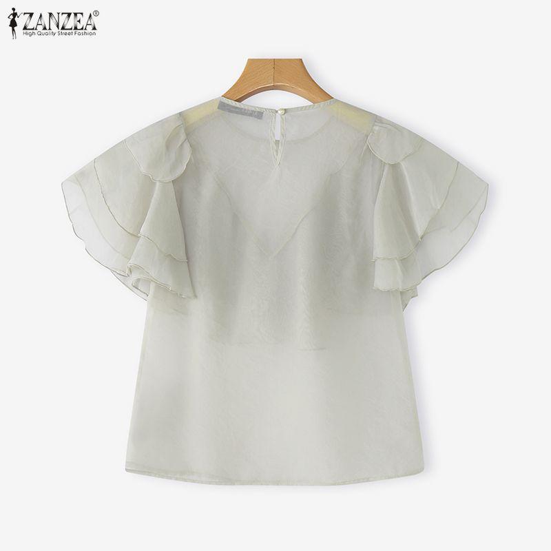 ZANZEA Damen Sommer Casual Kurzarm Durchsichtige Rüschen Überwurf Bluse